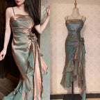 Vintage Spaghetti Straps Chiffon Satin Ruffled Prom Dresses Fairytale Party Dresses