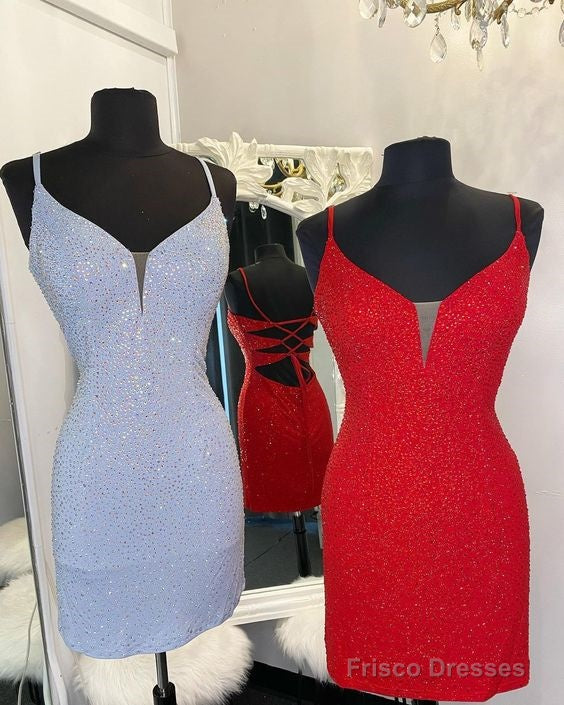 Elegant Fitted Red Short Homecoming Dress With Rhinestones Main image