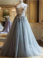 Elegant Flower V-Neck Tulle Prom Dress,