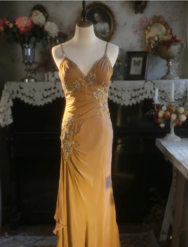Elegant Ginger Yellow Mermaid V-Neck Beaded Embroidered Satin Prom Dress Evening Dress Main image