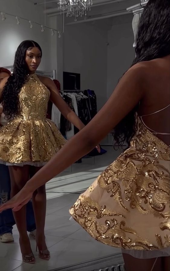 Elegant Glitter Mini 17Th Birthday Dresses Gold Birthday Outfit