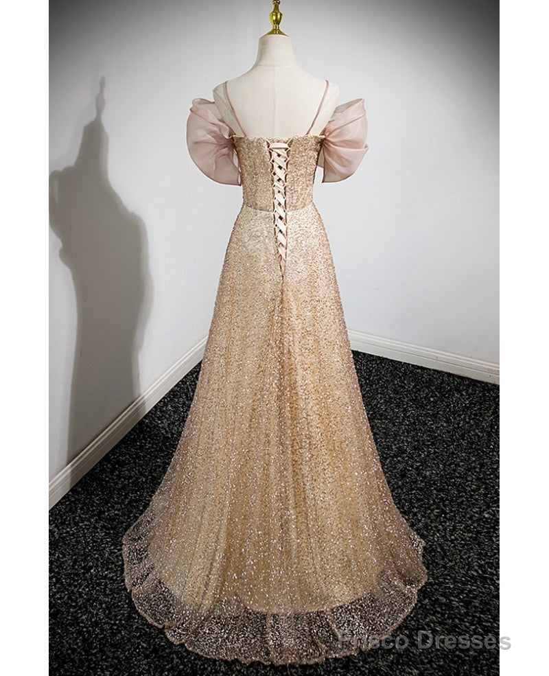 Elegant Gold Rhinestone Sequin Thin Shoulder Strap Off Shoulder Evening Gown With Gold A-Line Princess Bow Short Sleeved Off Back Strap And Floor Length Prom Dress Secondary image