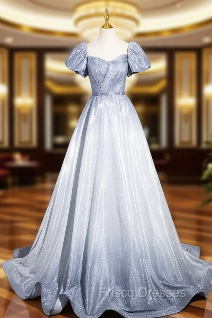 Elegant Gradient Short Sleeve Part Dress, A-Line Blue Formal Evening Dress Main image