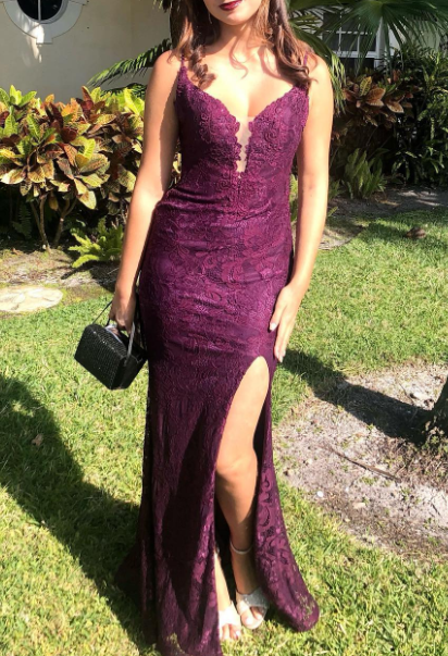 Elegant  Mermaid Formal Dresses Under $170’Å?Charming Grape Spaghetti Straps Applique Long Backless Prom Dress With Slit