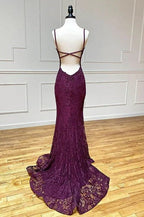 Elegant  Mermaid Formal Dresses Under $170’Å?Charming Grape Spaghetti Straps Applique Long Backless Prom Dress With Slit