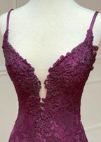 Elegant  Mermaid Formal Dresses Under $170’Å?Charming Grape Spaghetti Straps Applique Long Backless Prom Dress With Slit