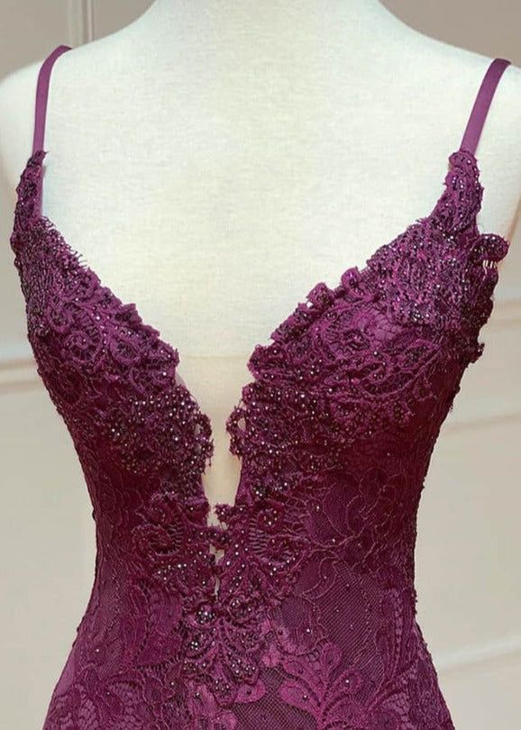 Elegant  Mermaid Formal Dresses Under $170’Å?Charming Grape Spaghetti Straps Applique Long Backless Prom Dress With Slit