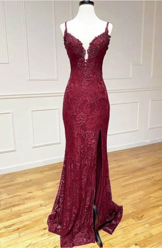 Elegant  Mermaid Formal Dresses Under $170’Å?Charming Grape Spaghetti Straps Applique Long Backless Prom Dress With Slit