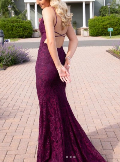 Elegant  Mermaid Formal Dresses Under $170’Å?Charming Grape Spaghetti Straps Applique Long Backless Prom Dress With Slit