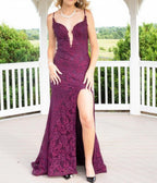 Elegant  Mermaid Formal Dresses Under $170’Å?Charming Grape Spaghetti Straps Applique Long Backless Prom Dress With Slit