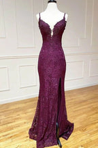 Elegant  Mermaid Formal Dresses Under $170’Å?Charming Grape Spaghetti Straps Applique Long Backless Prom Dress With Slit