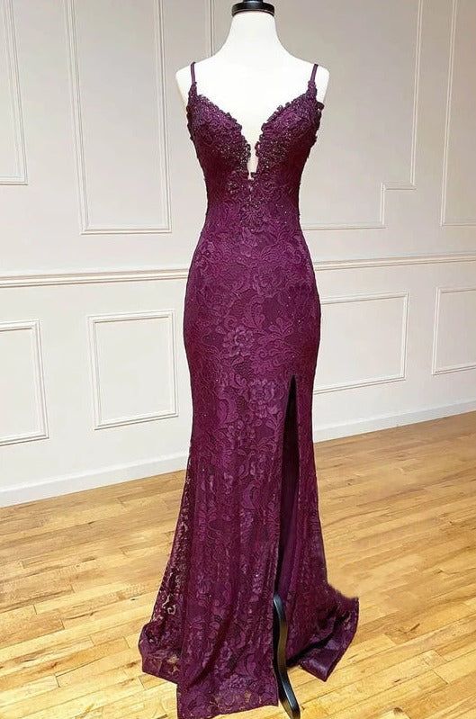 Elegant  Mermaid Formal Dresses Under $170’Å?Charming Grape Spaghetti Straps Applique Long Backless Prom Dress With Slit