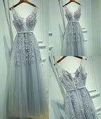 Elegant Gray A-Line Tulle Long Prom Dress V Neck Prom Dresses Lace Evening Dress