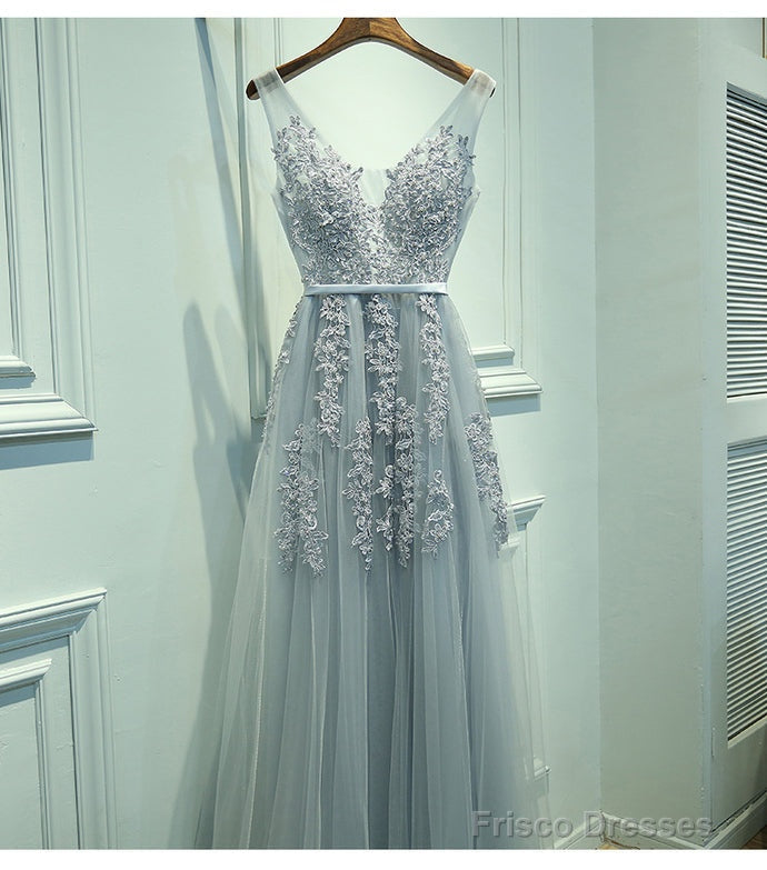 Elegant Gray A-Line Tulle Long Prom Dress V Neck Prom Dresses Lace Evening Dress Main image