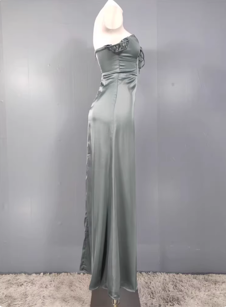 Elegant Gray Green Sweetheart Neckline Slim Slit Satin Long Prom Dress Evening Dress