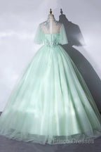 Elegant Green A-Line Princess Formal Prom Dress, A-Line Lace Formal Party Dress