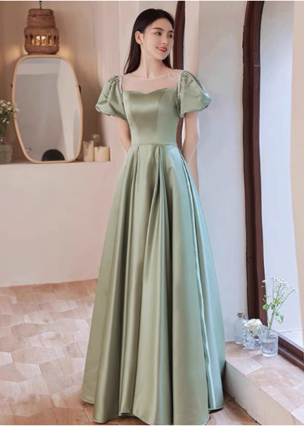Elegant Green A-Line Puff Sleeve Satin Long Prom Dress Evening Dress Bridesmaid DressP4574 Main image