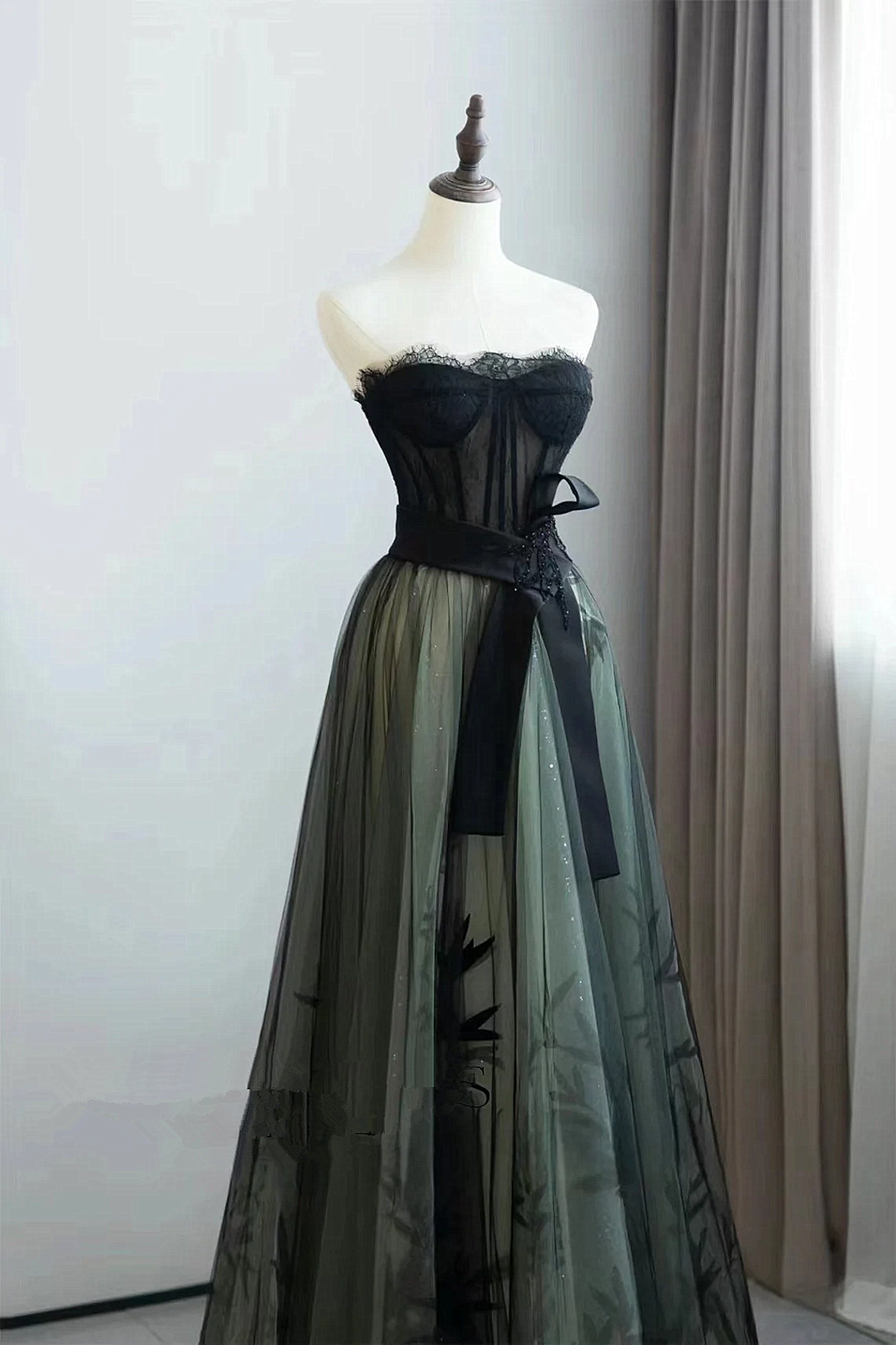 Elegant Green And Black A-Line Long Formal Dress, Tulle With Lace Prom Dress