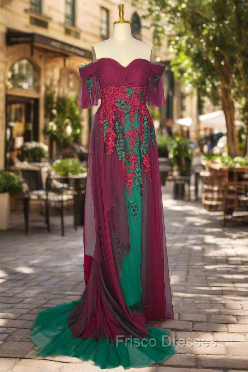 Elegant Green Off The Shoulder Tulle Formal Prom Dress Vintage Formal Prom Gowns