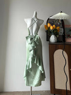 Elegant Green Slim Fit Halter Backless Ruffle Satin Prom Dress Evening Dress