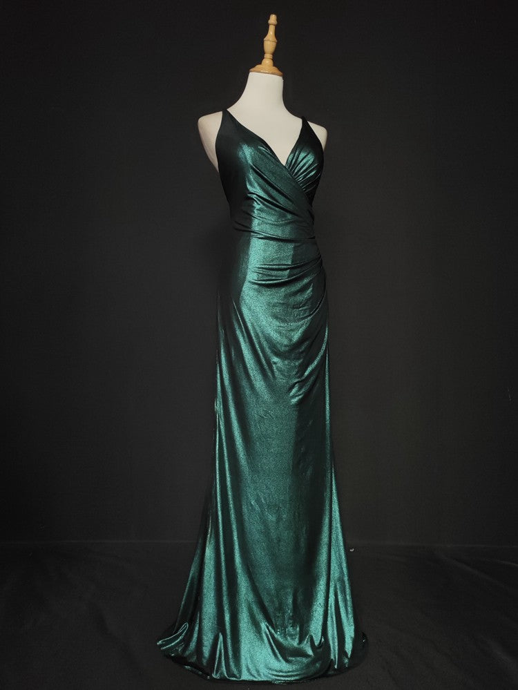 Elegant Green Spaghetti Strap V-Neck Ruffled Satin Long Prom Dress Evening Dress
