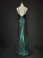 Elegant Green Spaghetti Strap V-Neck Ruffled Satin Long Prom Dress Evening Dress