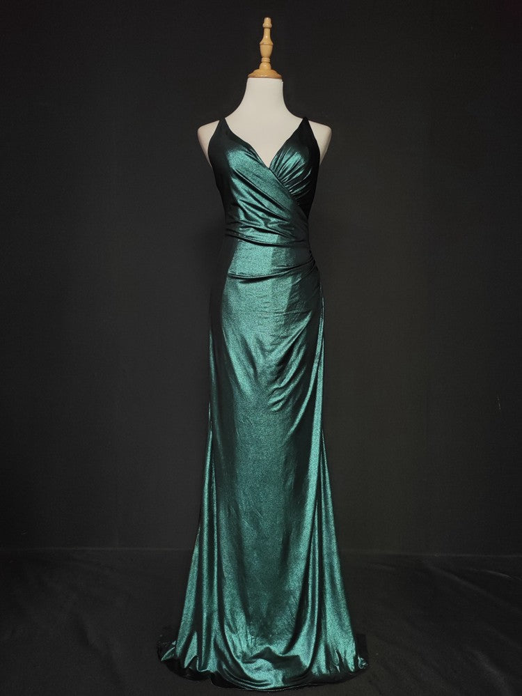 Elegant Green Spaghetti Strap V-Neck Ruffled Satin Long Prom Dress Evening Dress Main image