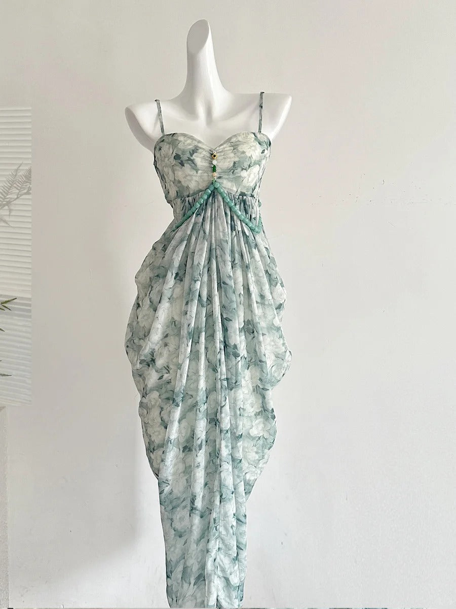 Elegant Green Strap Waist Chiffon Long Prom Dress Evening Dress