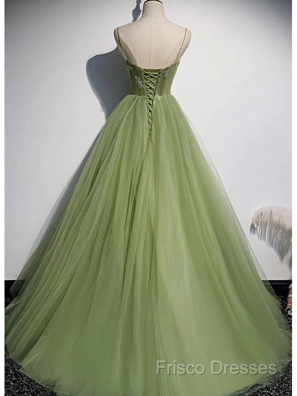 Elegant Green Tulle Spaghetti Straps A-Line Long Formal Prom Dress Formal Dress,