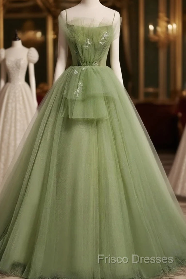 Elegant Green Tulle Spaghetti Straps A-Line Long Formal Prom Dress Formal Dress,