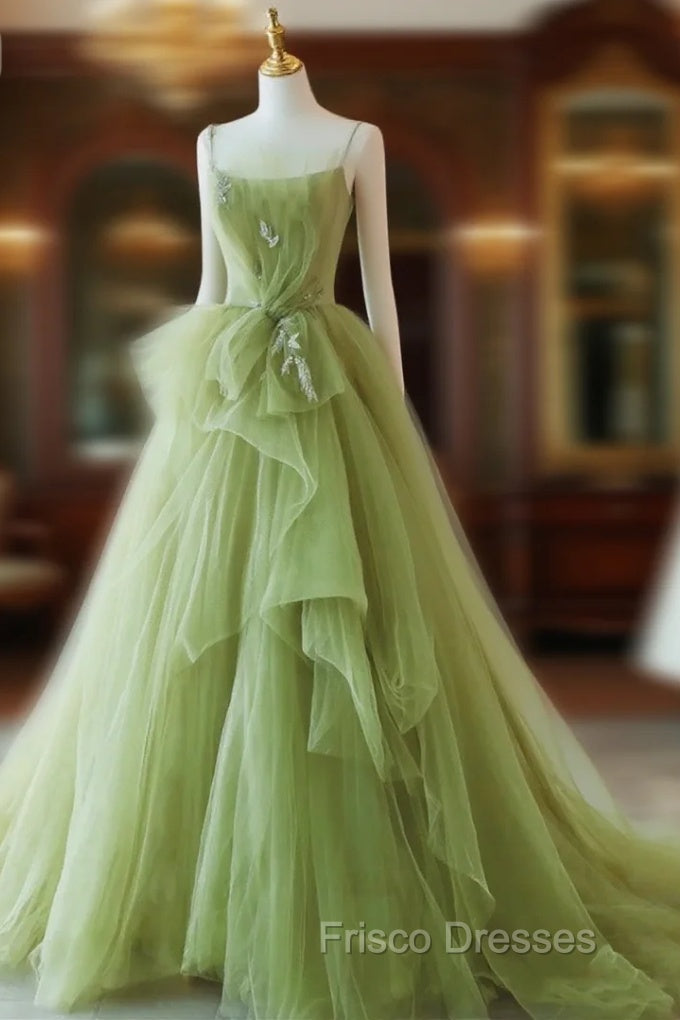 Elegant Green Tulle Straps Long Formal Dress, Green Tulle Evening Dress Party Dress