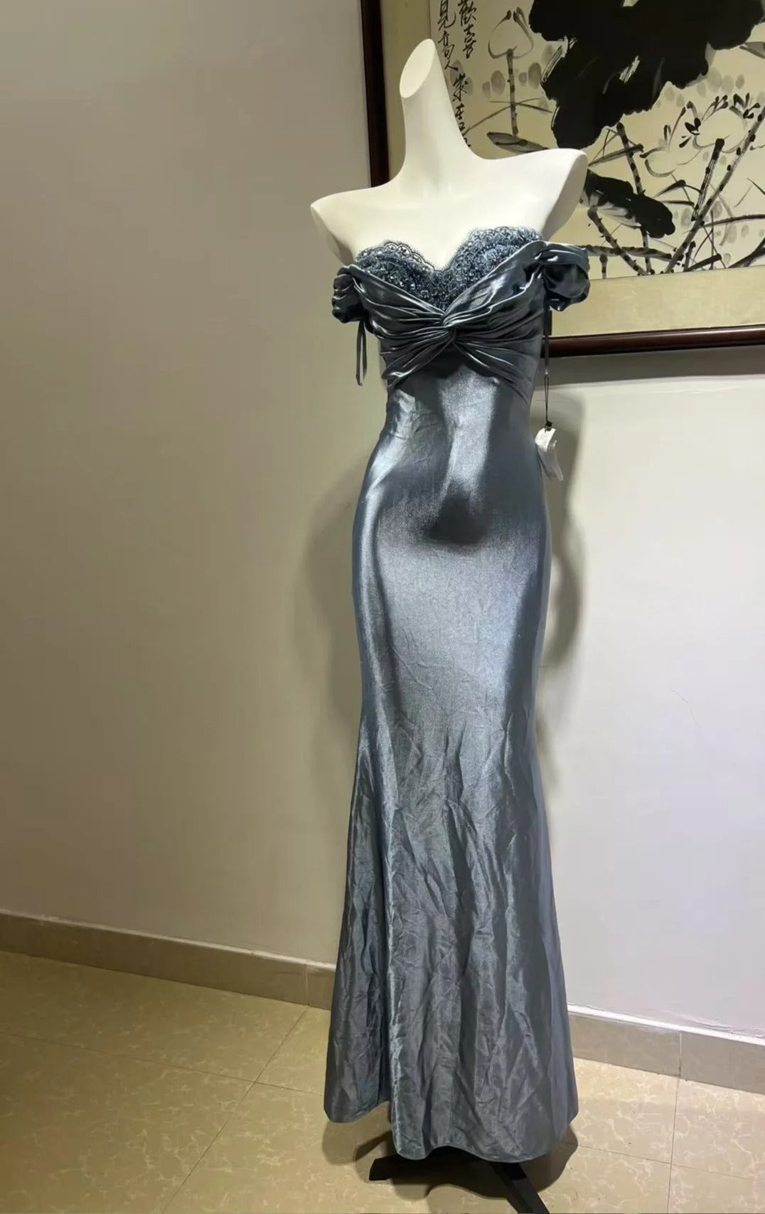 Elegant Grey-Blue Lace Knotted Satin Mermaid Long Prom Dress Evening Dress Secondary image