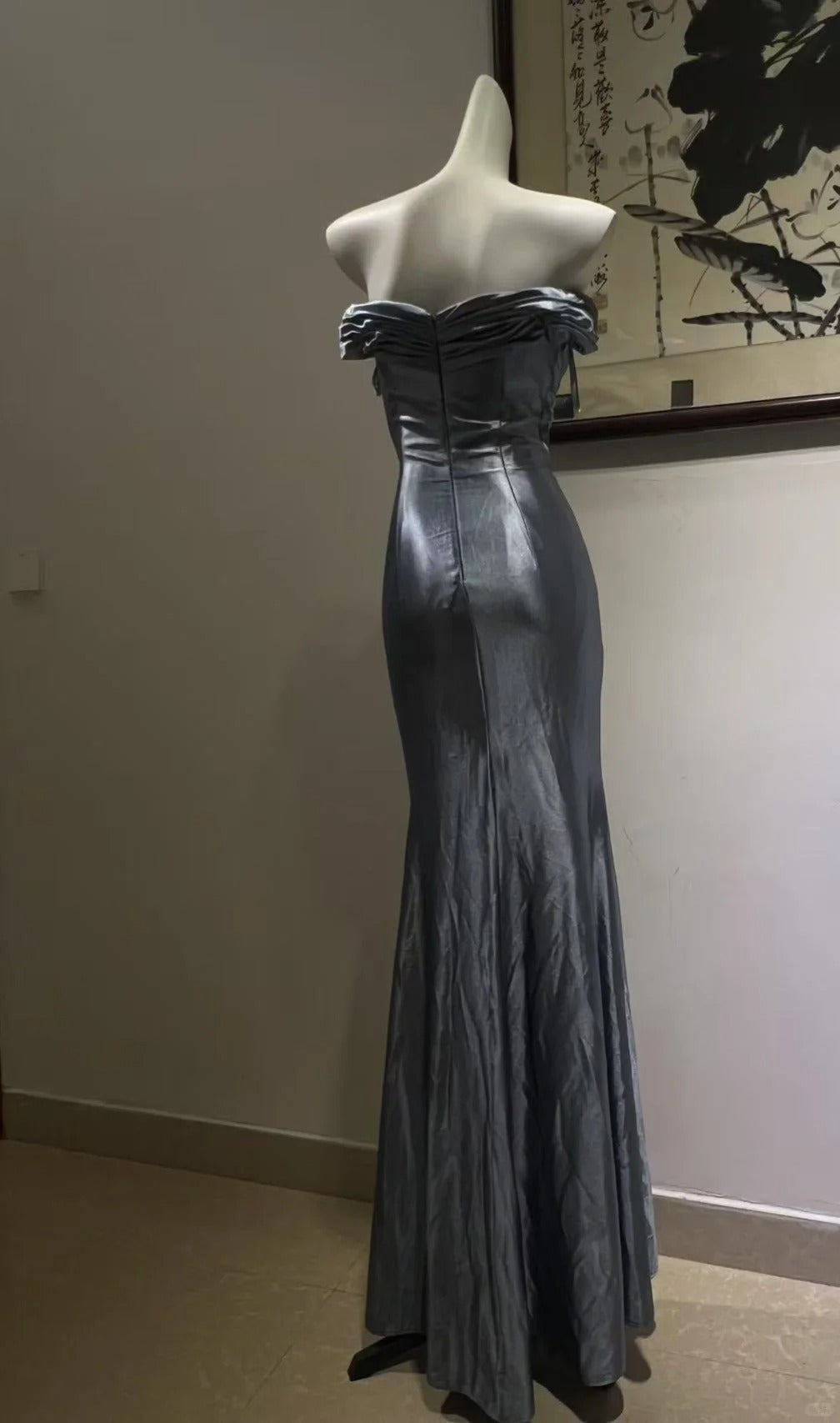Elegant Grey-Blue Lace Knotted Satin Mermaid Long Prom Dress Evening Dress