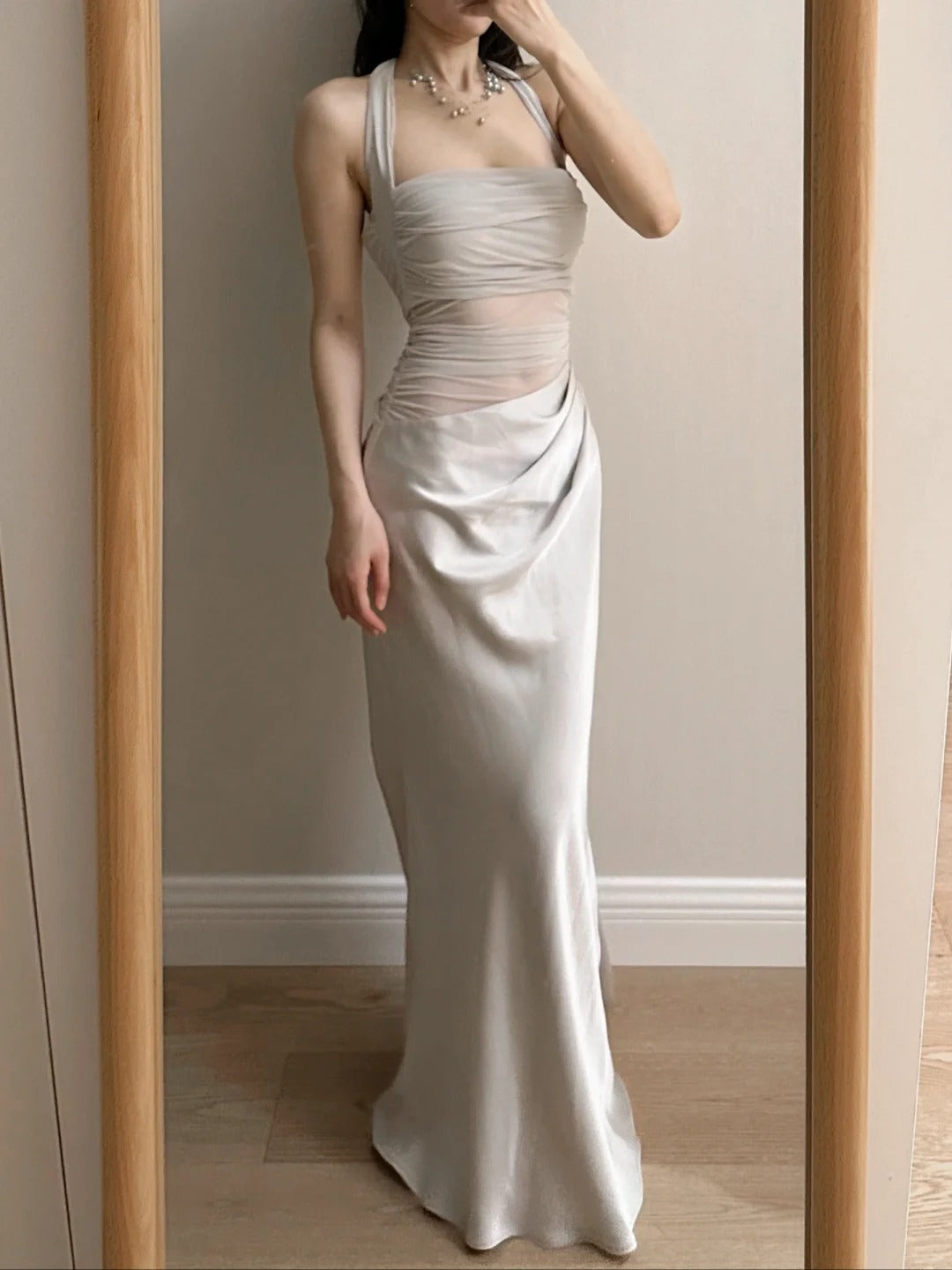 Elegant Grey Mermaid Halter Neck Square Neck Satin Tulle Long Prom Dress Evening Dress