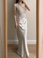 Elegant Grey Mermaid Halter Neck Square Neck Satin Tulle Long Prom Dress Evening Dress
