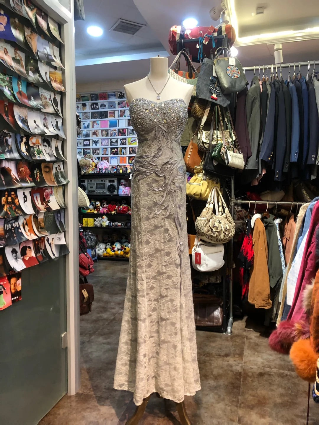 Elegant Grey Mermaid Strapless Sequined Lace Long Prom Dress Evening Dress Main image