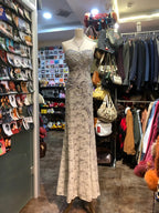 Elegant Grey Mermaid Strapless Sequined Lace Long Prom Dress Evening Dress