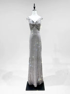Elegant Grey Mermaid V-Neck Sequined Long Prom Dress Evening Dress