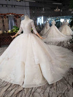 Elegant Half Sleeves Ball Gown Lace Layer Wedding Dress