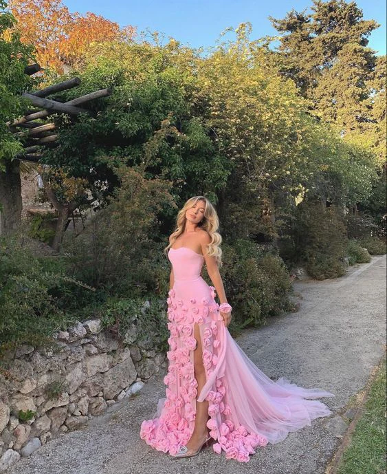 3D Flowers Prom Dresses Strapless Split A-Line Dubai Arabia Women Evening Gowns Formal Special Occasion Dress Vestidos