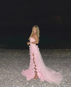 3D Flowers Prom Dresses Strapless Split A-Line Dubai Arabia Women Evening Gowns Formal Special Occasion Dress Vestidos