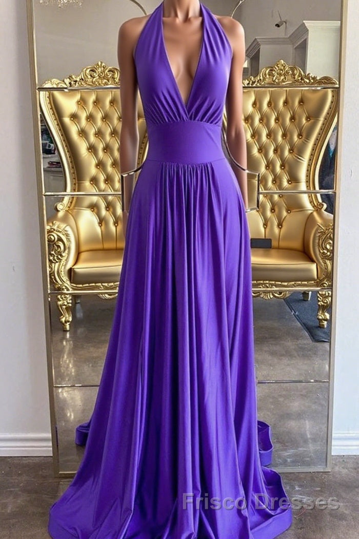 Elegant Halter Neck Backless Purple Long Formal Prom Dresses, Backless Purple Formal Graduation Evening Dresses Main image