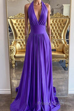 Elegant Halter Neck Backless Purple Long Formal Prom Dresses, Backless Purple Formal Graduation Evening Dresses