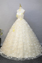Elegant Halter Neckline Tulle Floor Length Formal Prom Dress, Yellow A-Line Evening Formal Dress