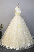 Elegant Halter Neckline Tulle Floor Length Formal Prom Dress, Yellow A-Line Evening Formal Dress