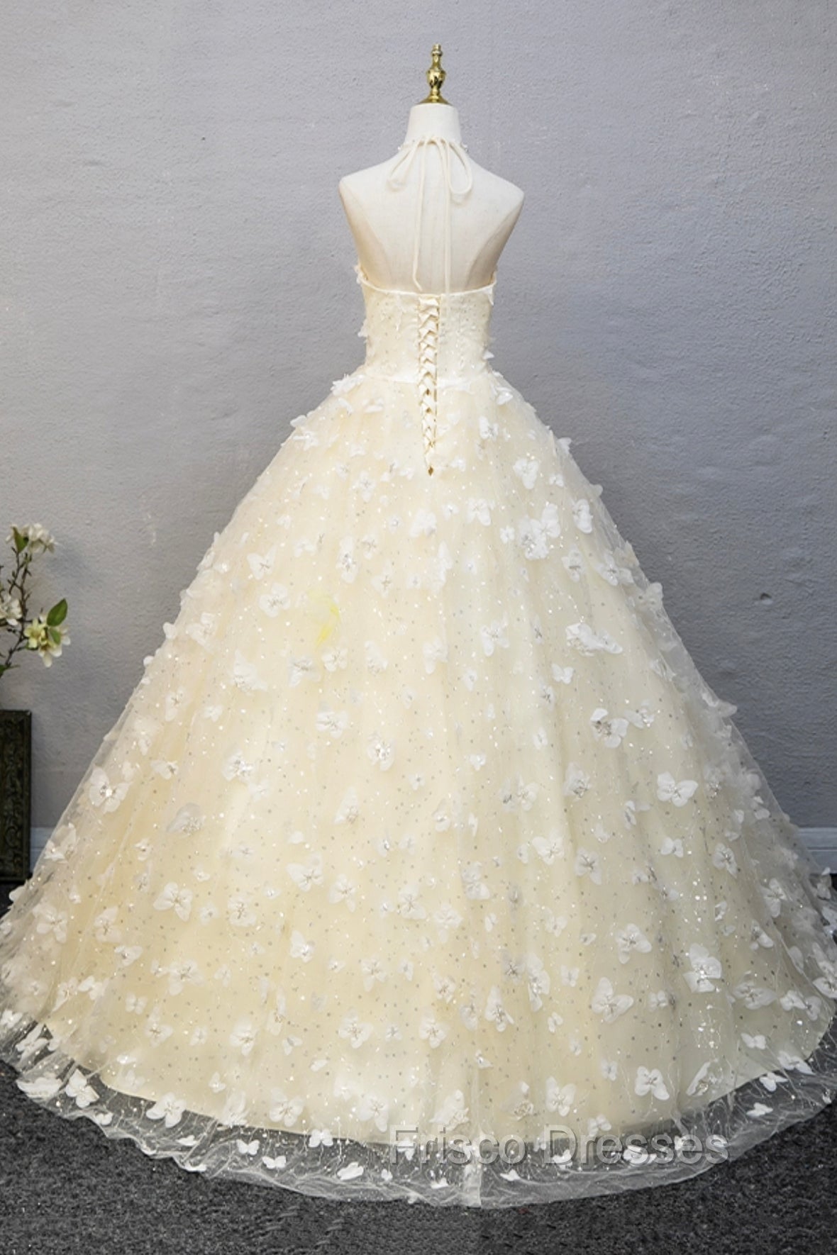 Elegant Halter Neckline Tulle Floor Length Formal Prom Dress, Yellow A-Line Evening Formal Dress