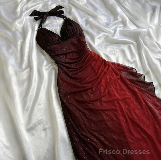 Elegant Halter Straps Ombre Burgundy Long Chiffon Prom Dress Main image