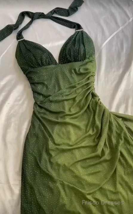 Elegant Halter Straps Ombre Green Long Chiffon Prom Dress