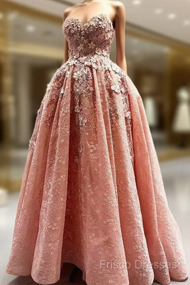 Elegant Handmade Flower Sweetheart Pink Lace Formal Prom Dress Main image