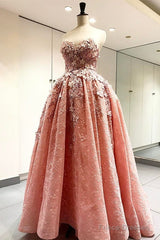 Elegant Handmade Flower Sweetheart Pink Lace Prom Dresses